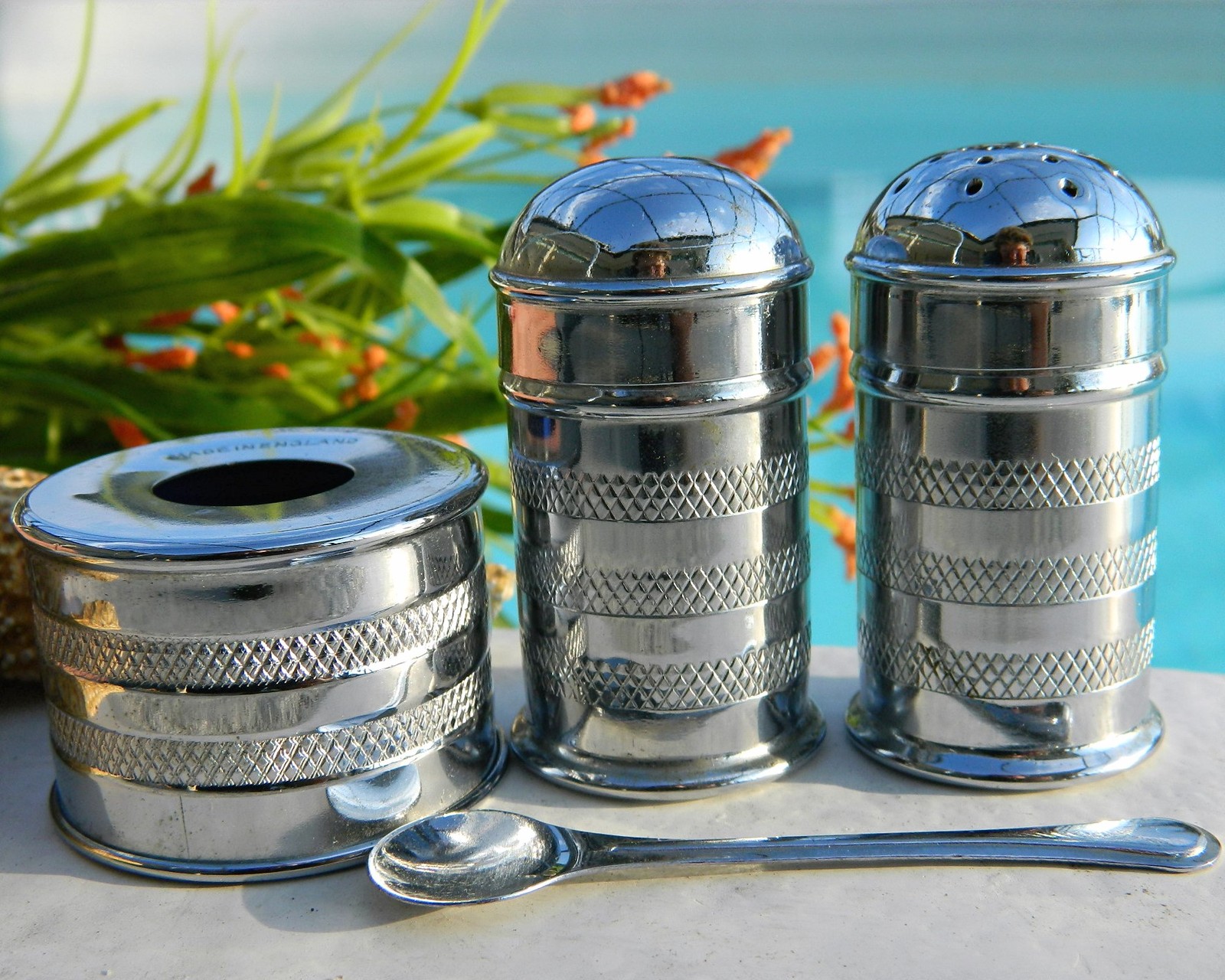 Vintage Salt Pepper Shakers Mustard Pot Spoon Set Silver Tone England