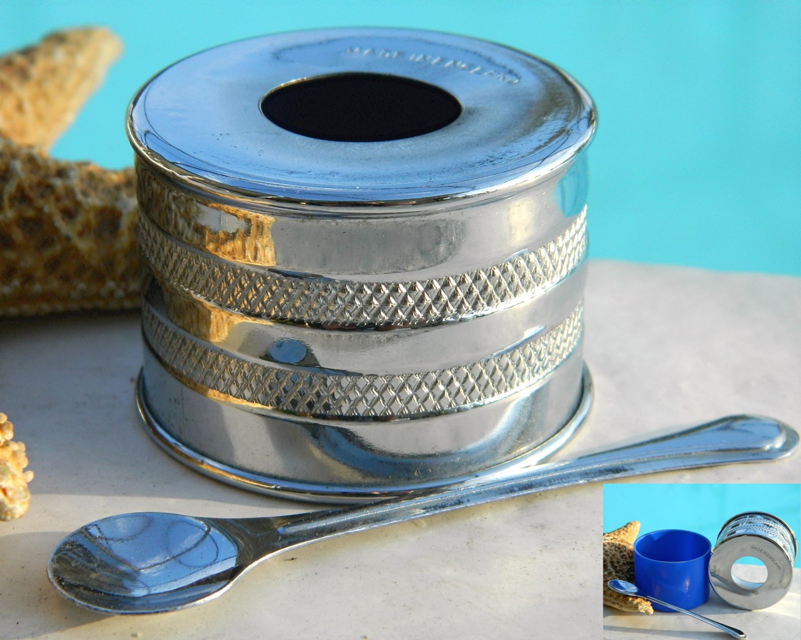 Vintage Salt Pepper Shakers Mustard Pot Spoon Set Silver Tone England