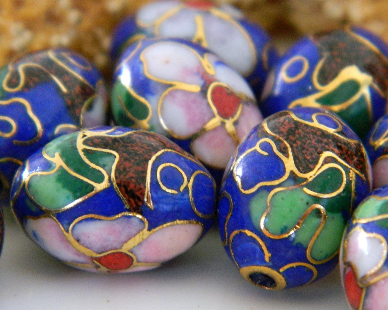 Vintage 10 Cloisonne Beads Oval Chinese Cobalt Blue Flowers Blossoms