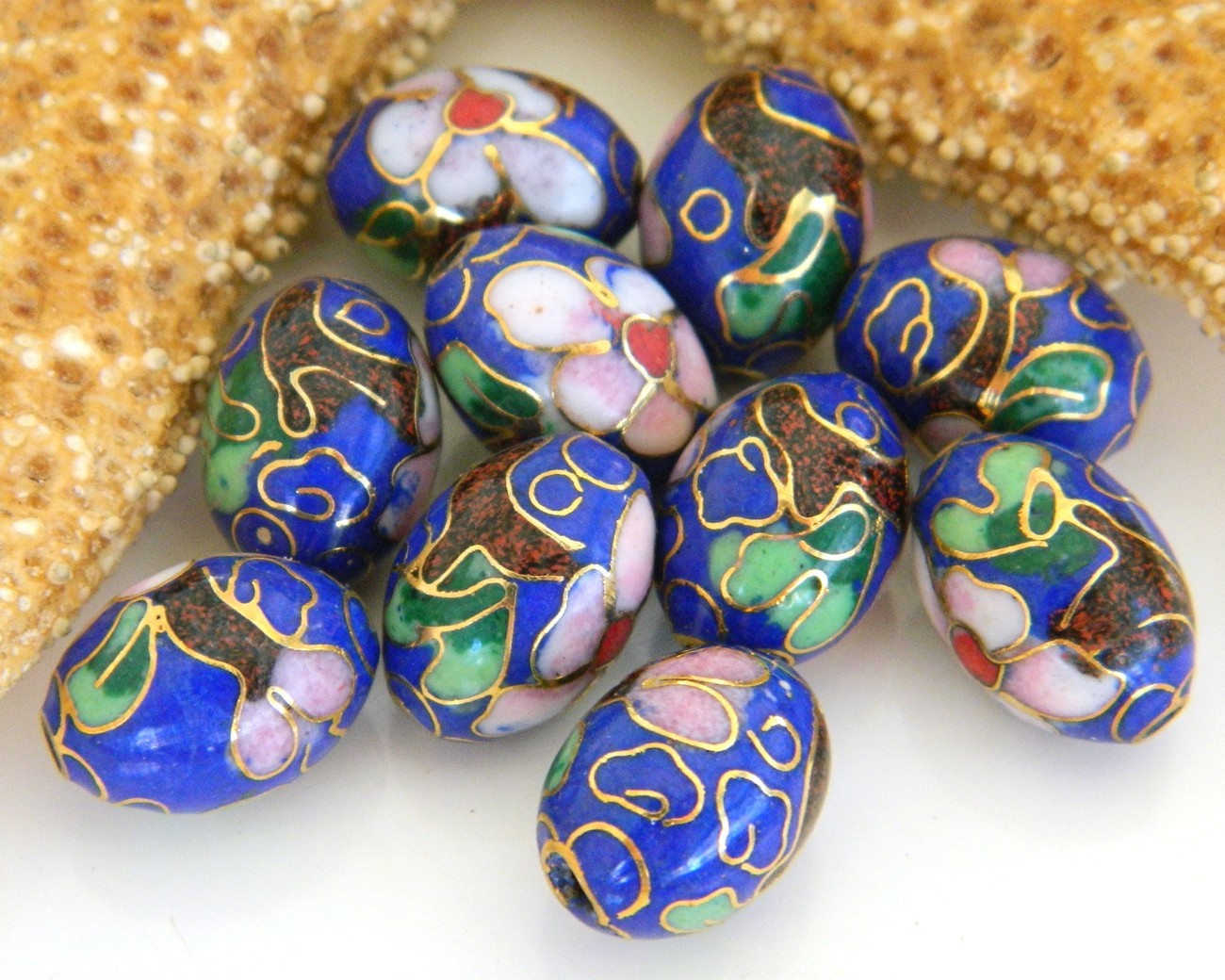 Vintage 10 Cloisonne Beads Oval Chinese Cobalt Blue Flowers Blossoms ...