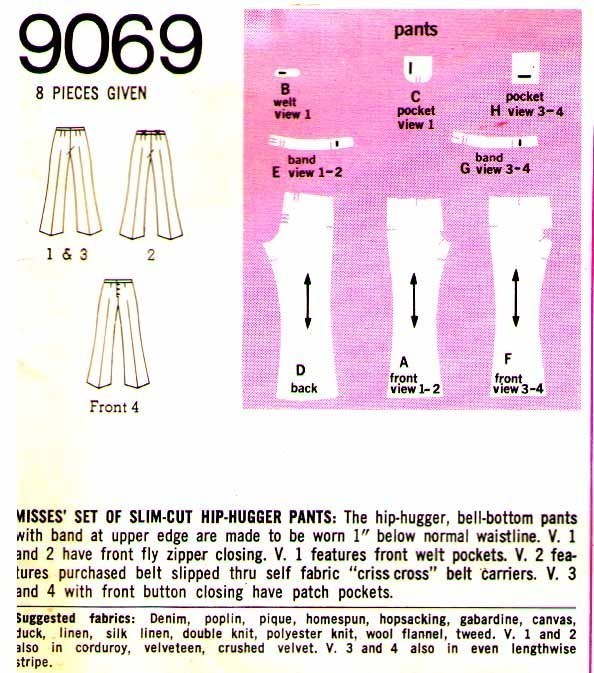 1970 BELL-BOTTOM HIP-HUGGER PANTS Pattern 9069-s Size 14 - Complete ...