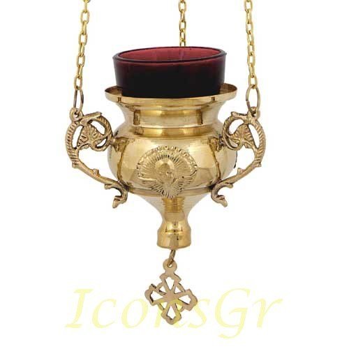 Greek Christian Orthodox Bronze Oil Lamp with Chain - 237b [Kitchen]