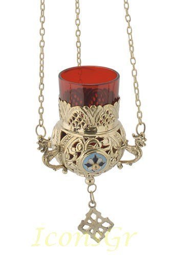 Greek Christian Orthodox Bronze Oil Lamp with Chain - 9685b [Kitchen]