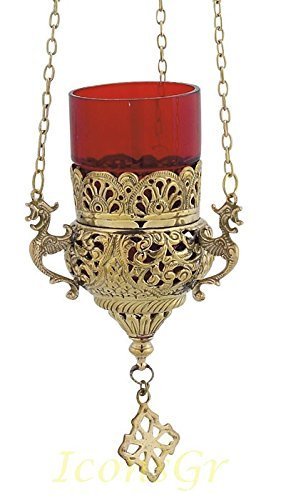 Greek Christian Orthodox Bronze Oil Lamp with Chain - 9503b