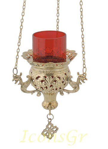 Greek Christian Orthodox Bronze Oil Lamp with Chain - 9692b