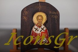 Wooden Greek Orthodox Wood Icon of Saint Nicolas / Th1 [Toy] - $78.79