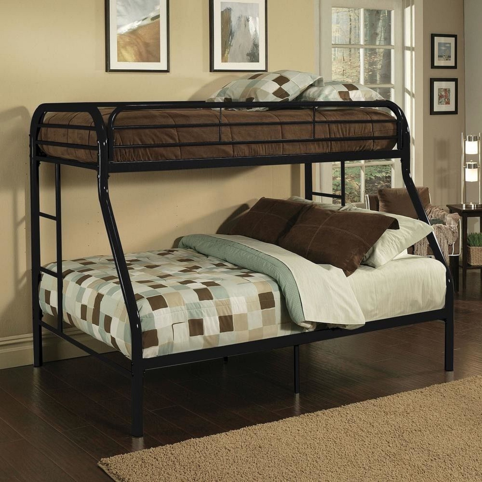 Bunk Bed Frame Twin Over Queen Black Elegant Unisex Bedroom Support ...