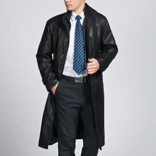 Image of MEN LEATHER COAT WINTER LONG LEATHER COAT GENUINE REAL LEATHER TRENCH COAT-UK37