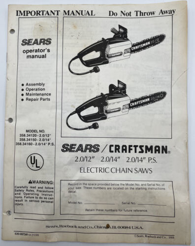 Sears Craftsman Owners Manual Electric Chain Saw Chainsaw Operator’s Book - $9.45