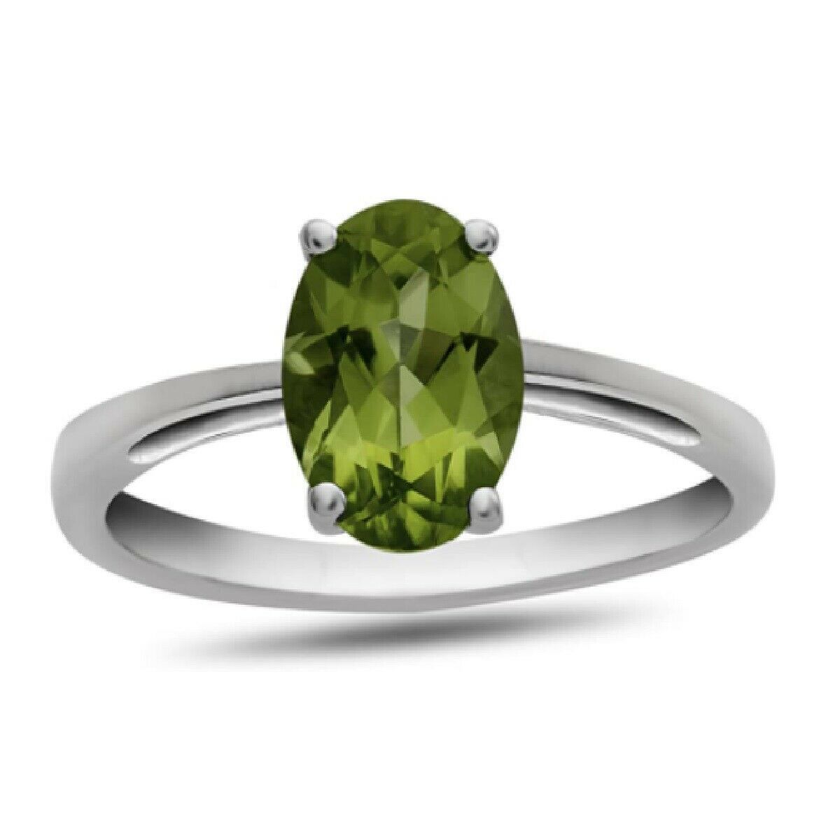4-Prong Set 9K White Gold 1 Ctw Oval Peridot Gemstone Solitaire Stacking Ring