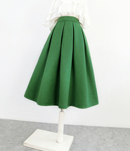 Women Green Midi Pleated Skirt A-line Winter Woolen Blend Midi Party Skirt Plus image 2