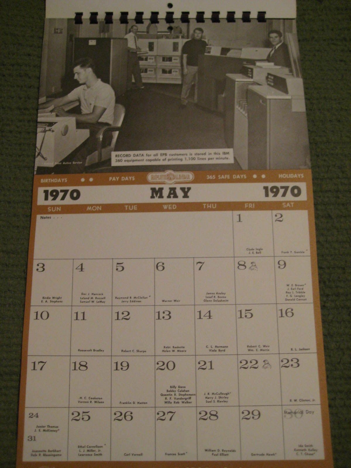 Original Vintage 1970 EMPLOYEE CALENDAR Electric Power Board CHATTANOOGA TN 196079 Original Vintage 1970 EMPLOYEE CALENDAR Electric Power Board CHATTANOOGA TN 196079