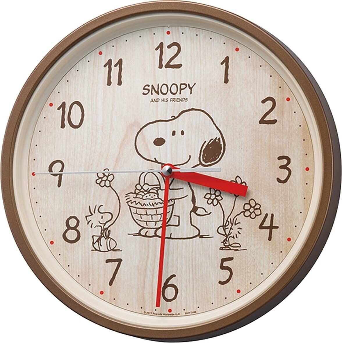 RHYTHM Peanuts SNOOPY Wall Clock Character Analog Quiet Wood Grain