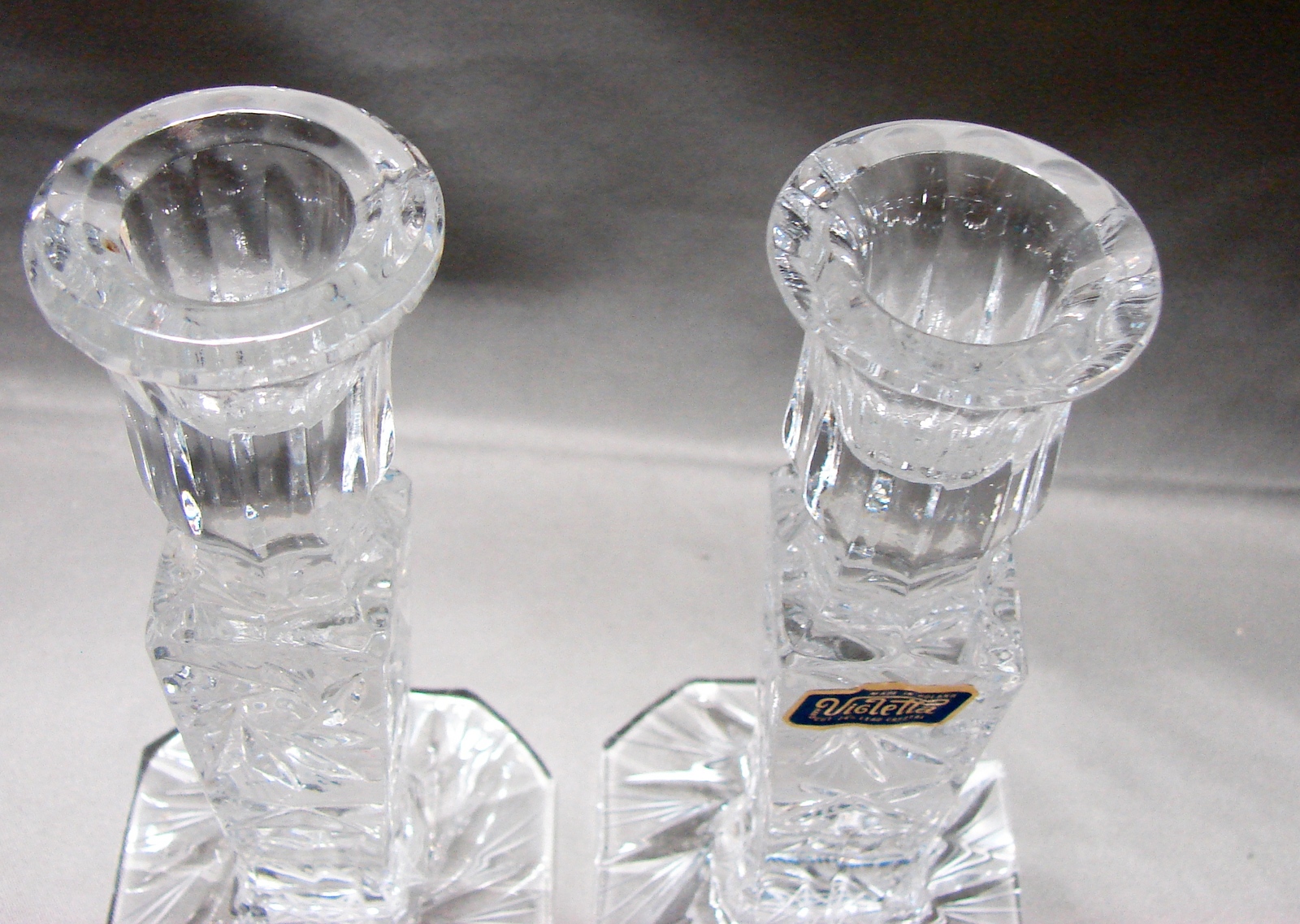 Violetta Crystal Taper Candlestick Holders Pinwheel Pattern, Made in Poland Crystal