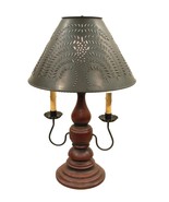 BARN RED &amp; BLACK RUB LAMP Wood &amp; Wrought Iron with Punched Tin Willow Sh... - $323.37