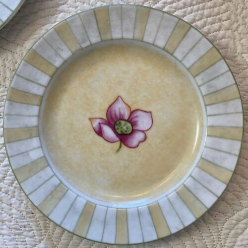 New Waverly “Second Spring” Salad Plate set of 2 yellow green magnolia stripe - $31.67
