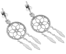 18K WHITE GOLD DREAMCATCHER PENDANT EARRINGS, FEATHER, MADE IN ITALY, 32 MM image 1