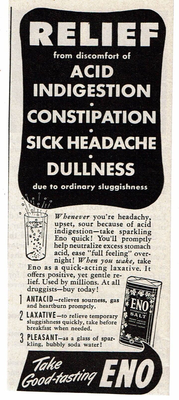 vintage 1950 Eno antacid laxative cureall mini PRINT AD Other