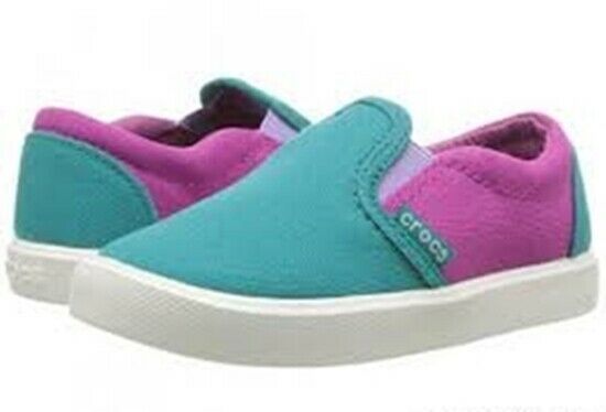 NWT Crocs Size J 3 GIRLS Citi Lane Slip On Canvas Sneaker, Turquoise + Pink