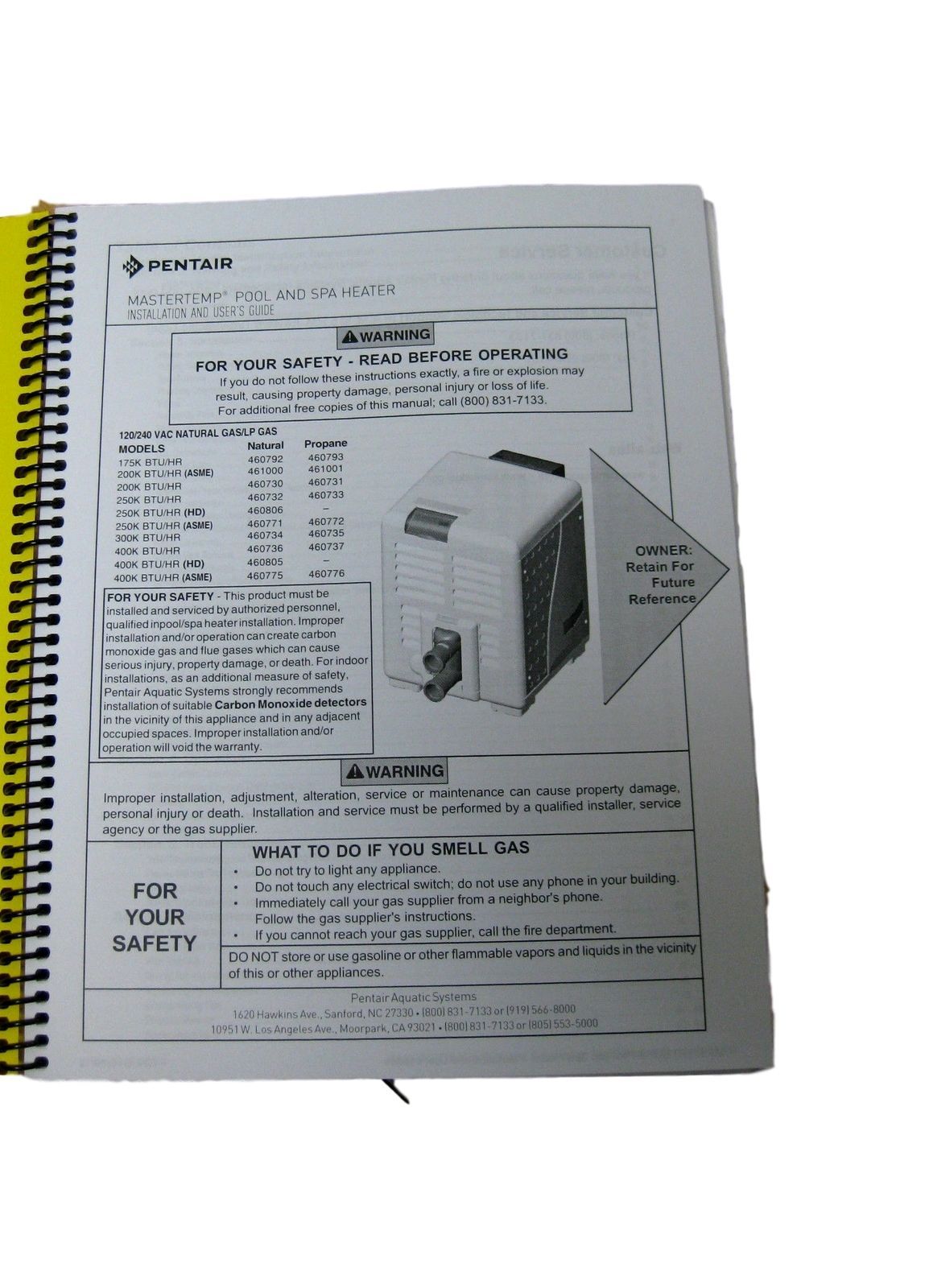 Pentair MasterTemp 400 Original Owners Manual Installation Guide New