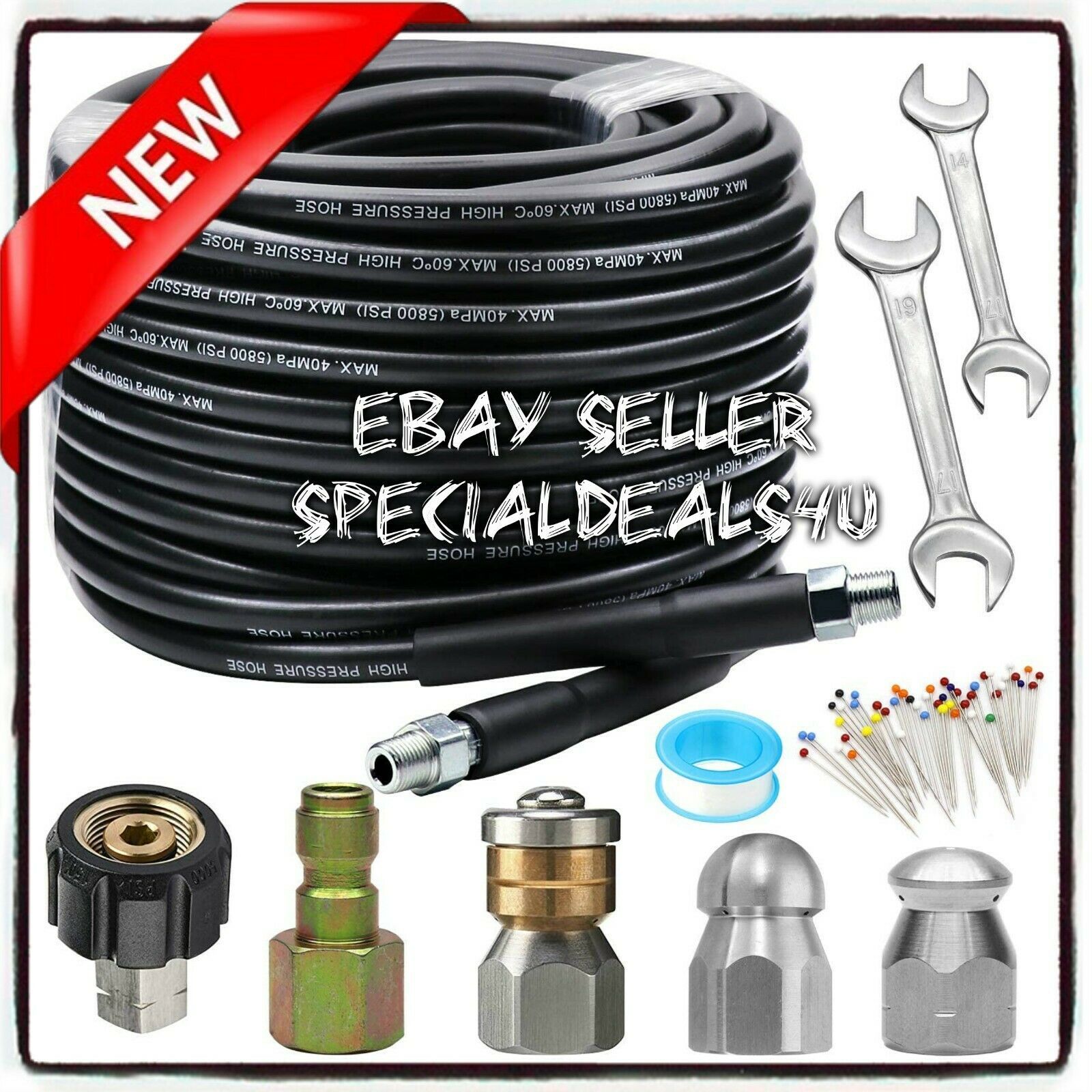 Sewer Jetter Hose Kit for Pressure Washer Set 1/4 Inch NPT x 100 FT