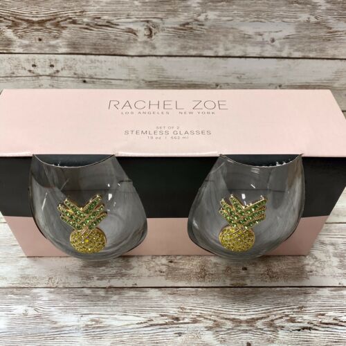 Rachel Zoe Pineapple Rhinestone Designer Stemless Wine Glasses 19oz Set