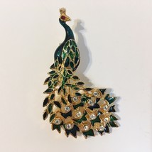 Peacock Pin Brooch Green Enamel Clear Rhinestones Vintage Bird Gold Tone... - £24.66 GBP
