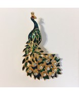 Peacock Pin Brooch Green Enamel Clear Rhinestones Vintage Bird Gold Tone... - $30.00