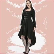 Retro Gothic Long Cuffed Sleeves 3 Bust Straps Zip Up Asymmetrical Hem Dress