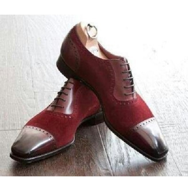 NEW Handmade Mens Burgundy Brown Shoes, Cap Toe Lace Up Shoe, Men Leather Suede
