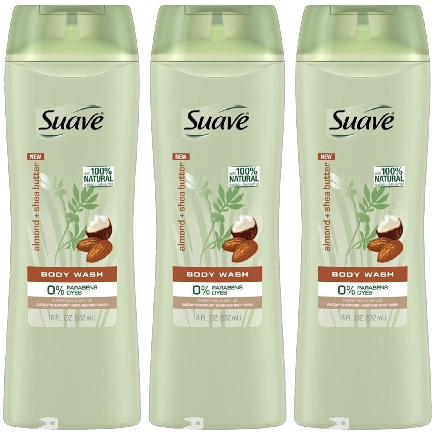3-Pack New Suave 100% Natural Almond & Shea Butter Purifying Body Wash 18 oz