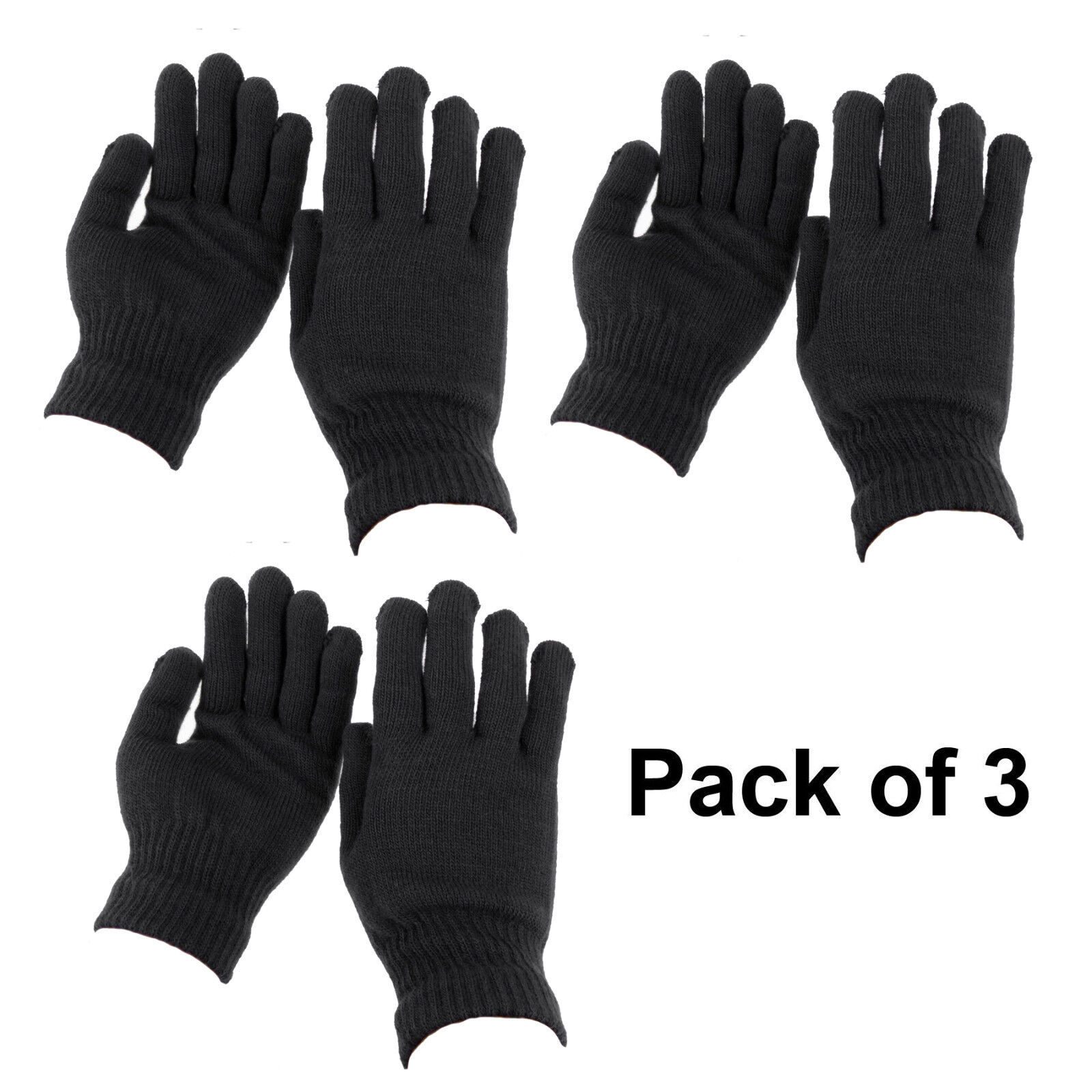 Lot of 3 Men Women Black Winter Warmer Knit Knitted Casual Gloves Stretch