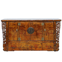 Chinese Distressed Light Yellow Brown Graphic Tall Credenza Cabinet cs4620 - $4,800.00