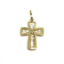 18K YELLOW WHITE GOLD CROSS 20mm, 0.8 inches, DOUBLE SLAB CURVED SQUARED WORKED image 2