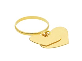 18K YELLOW GOLD RING WITH 2 HEART PENDANT CHARMS BRIGHT, LUMINOUS, MADE ... - $565.00