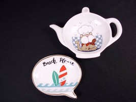 Set of 2 china tea bag holders Beach Please George Good teapot Chef Cat - $9.51