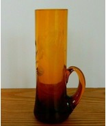 Lovely vintage art glass amber tone handled bud vase with etched flower ... - $15.00