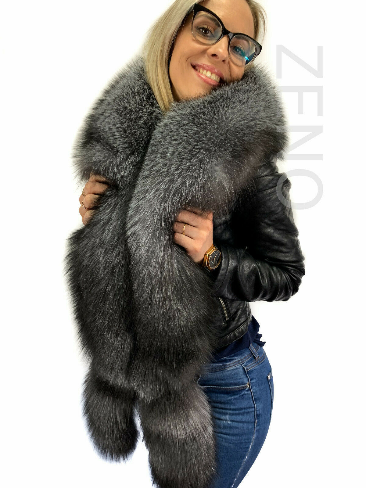 Silver Fox Fur Stole 63' (160cm) Saga Furs Collar Tails / Wristbands