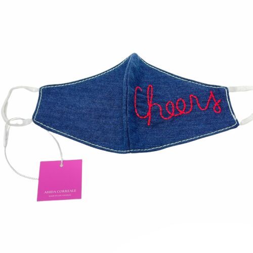 Ahida Correale Face Mask Cheers Blue Red Embroidered Cotton Reusable $30 NWT