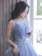 Dusty Blue Maxi Dress GOWNS Deep-V neckline Sleeveless Tulle Wedding Dresses image 4