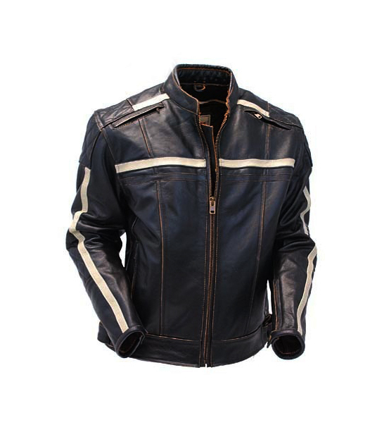 Handmade Black Leather Jacket With White Stripes, Men's Biker Leather Zip Jacket - Outerwear