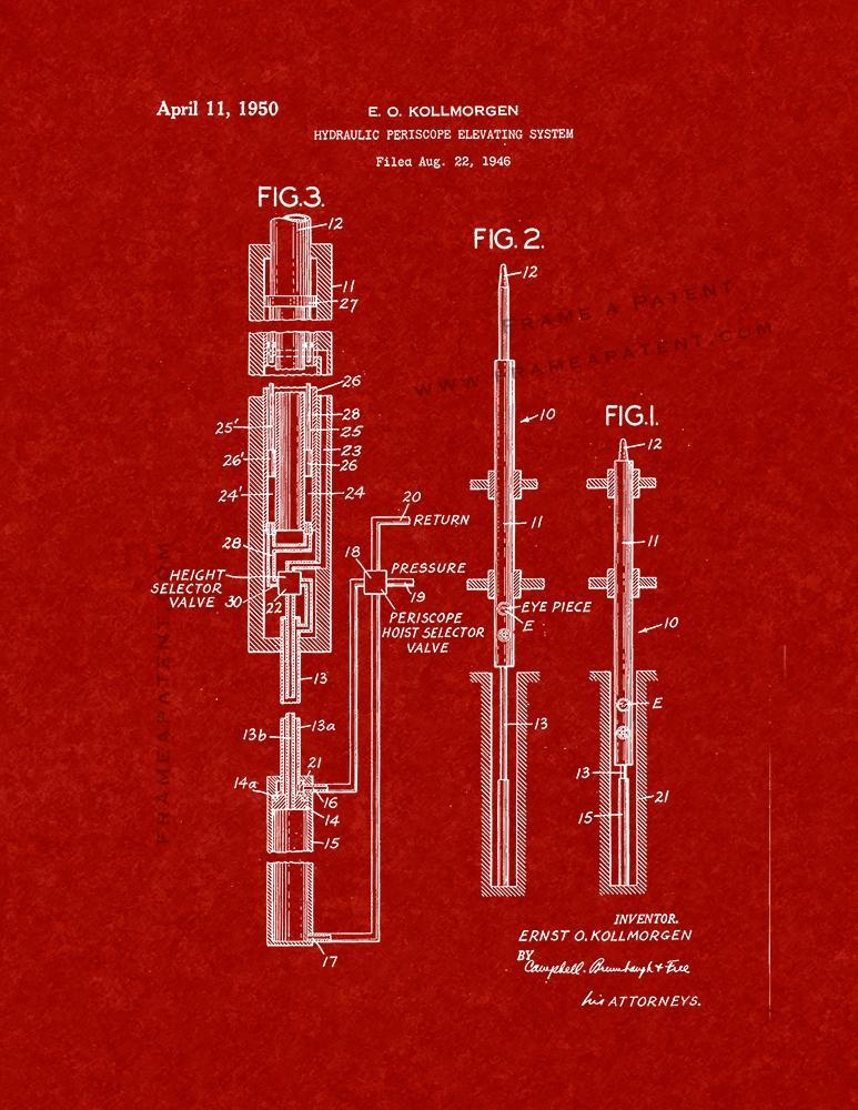 Hydraulic Periscope Elevating System Patent Print - Burgundy Red