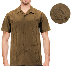 Men's Short Sleeve Brown Guayabera Button Up Cuban Embroidered Dress Shirt