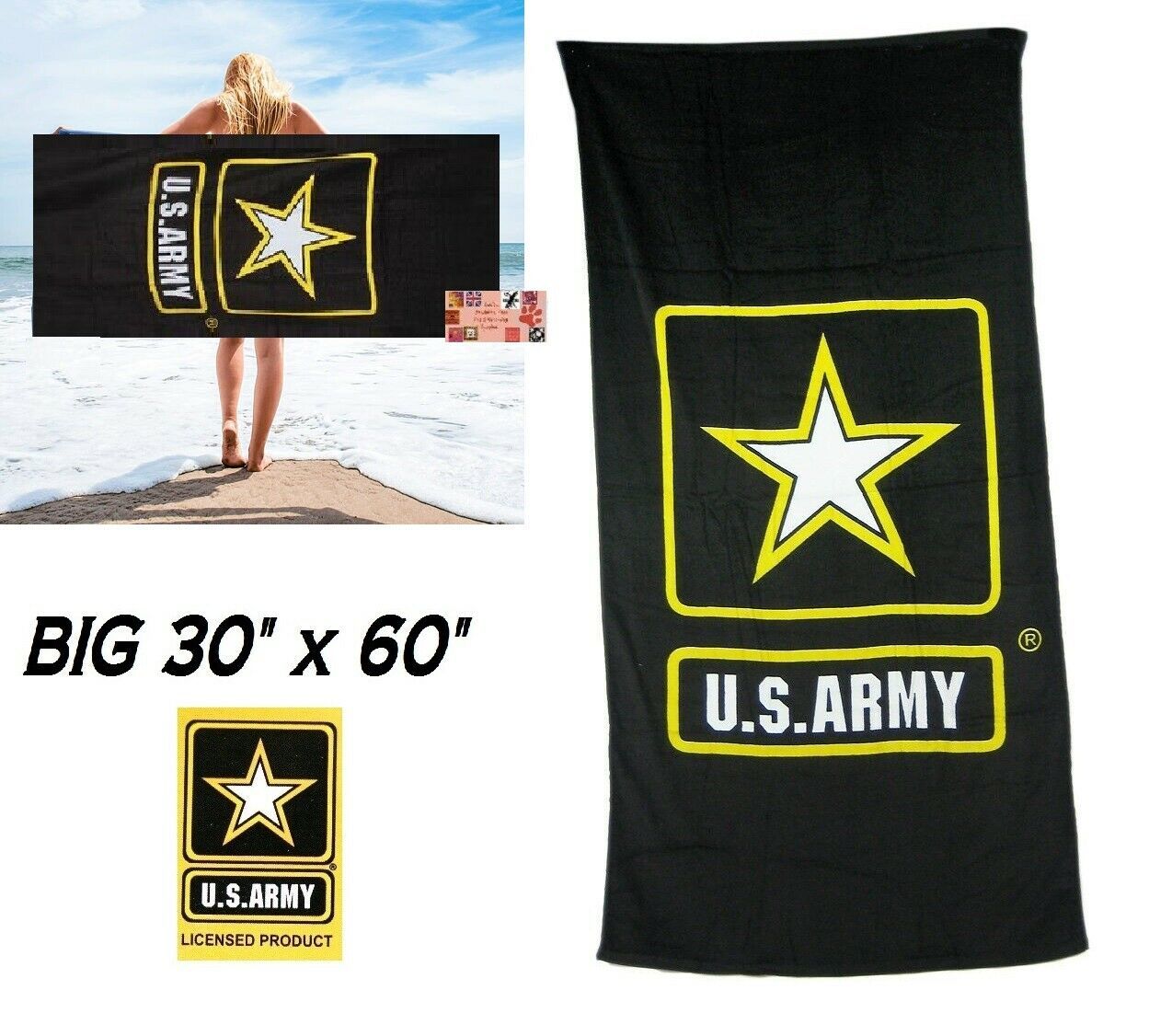 US U.S. ARMY Star OFFICIALLY LICENSED Flag Banner Big BATH POOL BEACH TOWEL WRAP