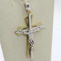 SOLID 18K WHITE YELLOW GOLD PENDANT DOUBLE CROSS, JESUS, SATIN, MADE IN ITALY image 7