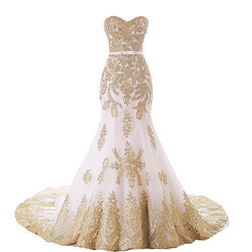 Lemai Mermaid Long White Tulle Gold Lace Corset Sweetheart Wedding Dresses US 10