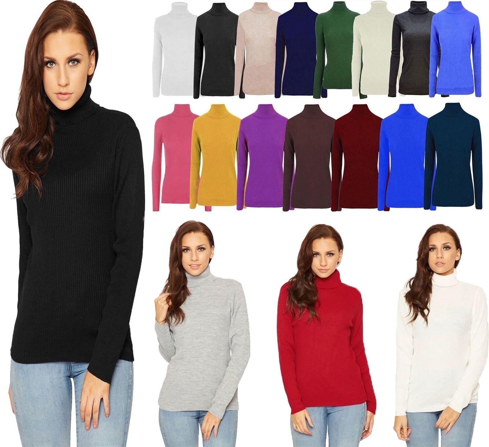 Womens Ribbed Polo Neck Jumper Ladies Long Sleeve Warm Knitted Stretch
