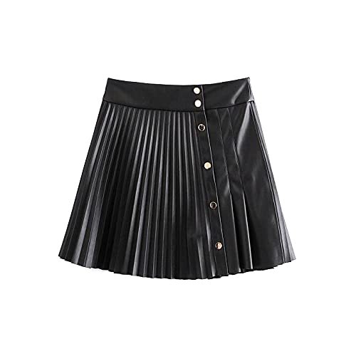 LifeOfPro High Waist PU Leather Pleated Mini Skirt Ladies Front Buttons Casual B
