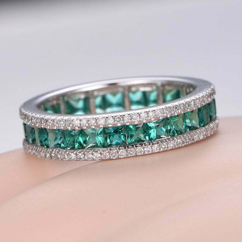 2.50Ct Princess Cut Green Emerald Eternity Band Ring Solid 18K White Gold Finish Genuine Gemstone