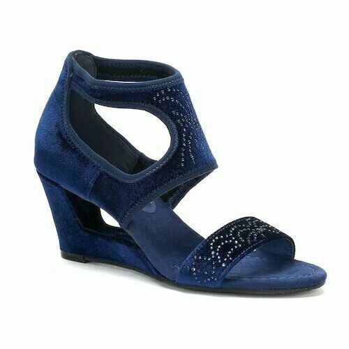 New York Transit Natural Pretty Wedge Sandals Navy Size 7.5 W - $41.99